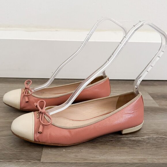 Prada Pink Cap Toe Bow Logo Ballet Flats EU 37 - Picture 1 of 8